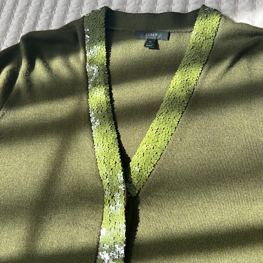 J.Crew Harlow Olive Green V Neck Sequined 100% Merino Wool Sweater Cardigan M